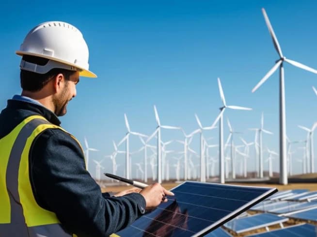 Engineer inspecting solar panels at a wind farm site